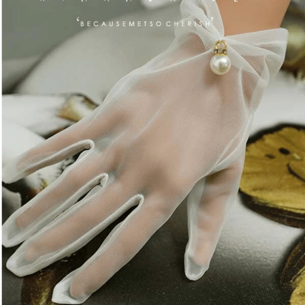 1pair Beading Women Faux Pearl Decor Fashion Gloves For Wedding Party